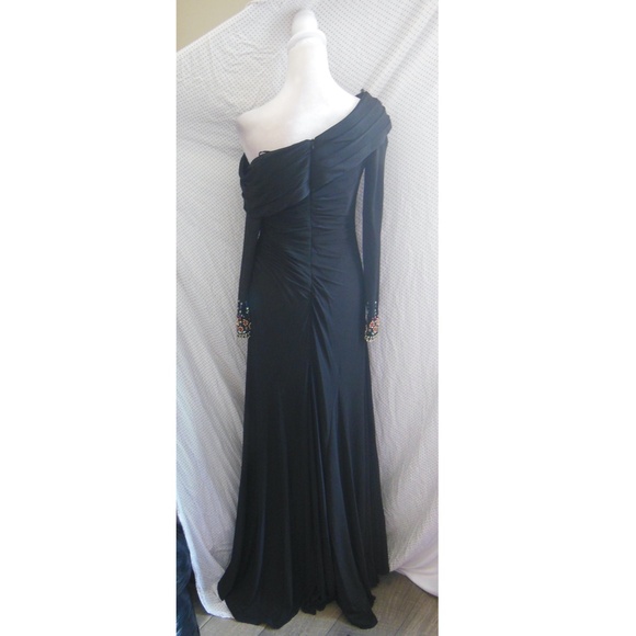 NEW Mac Duggal Black OFF THE SHOULDER Jersey JEWEL CUFFS Ruched HIGH SLIT GOWN 2 - Picture 10 of 14